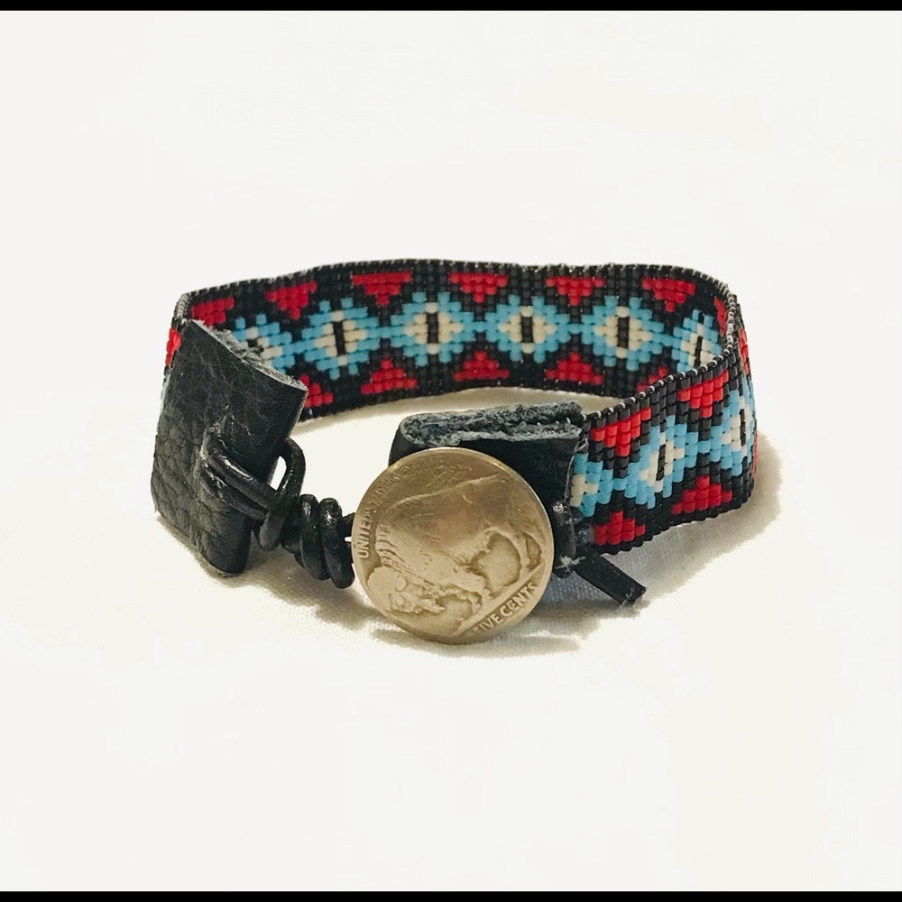 Sundance Inspired Loom Woven Bead Bracelet Genuine Buffalo Head Nickel & Leather